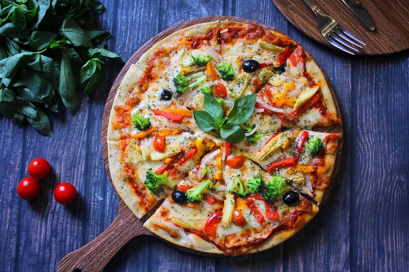 Veggie Garden pizza with fresh colorful vegetables
